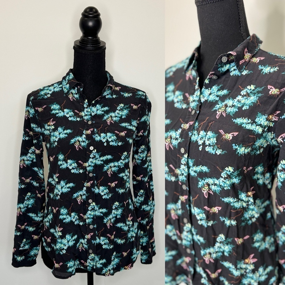 J. Crew Classic Fit Black Long Sleeve Floral Botanical Bees 100% Silk Blouse (2)
